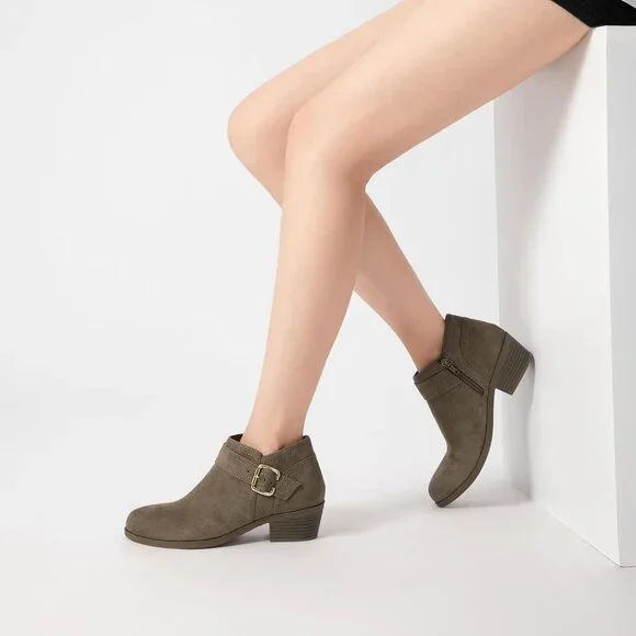 Women's Chunky Low Heel Ankle Boots Pointed Toe Side Zipper Booties Taupe Suede - Picture 7 of 7